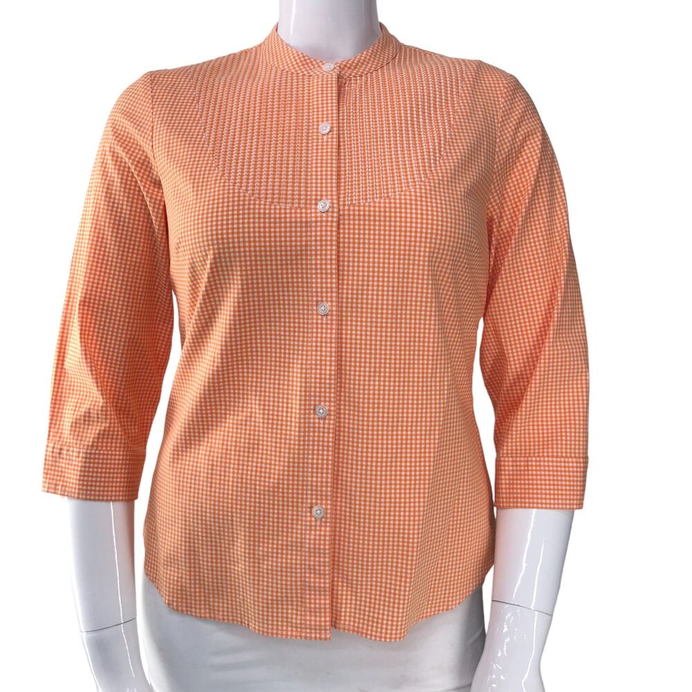 Talbots Stretch Womens Size M Top Button Up Orange Gingham Cotton Long Sleeved